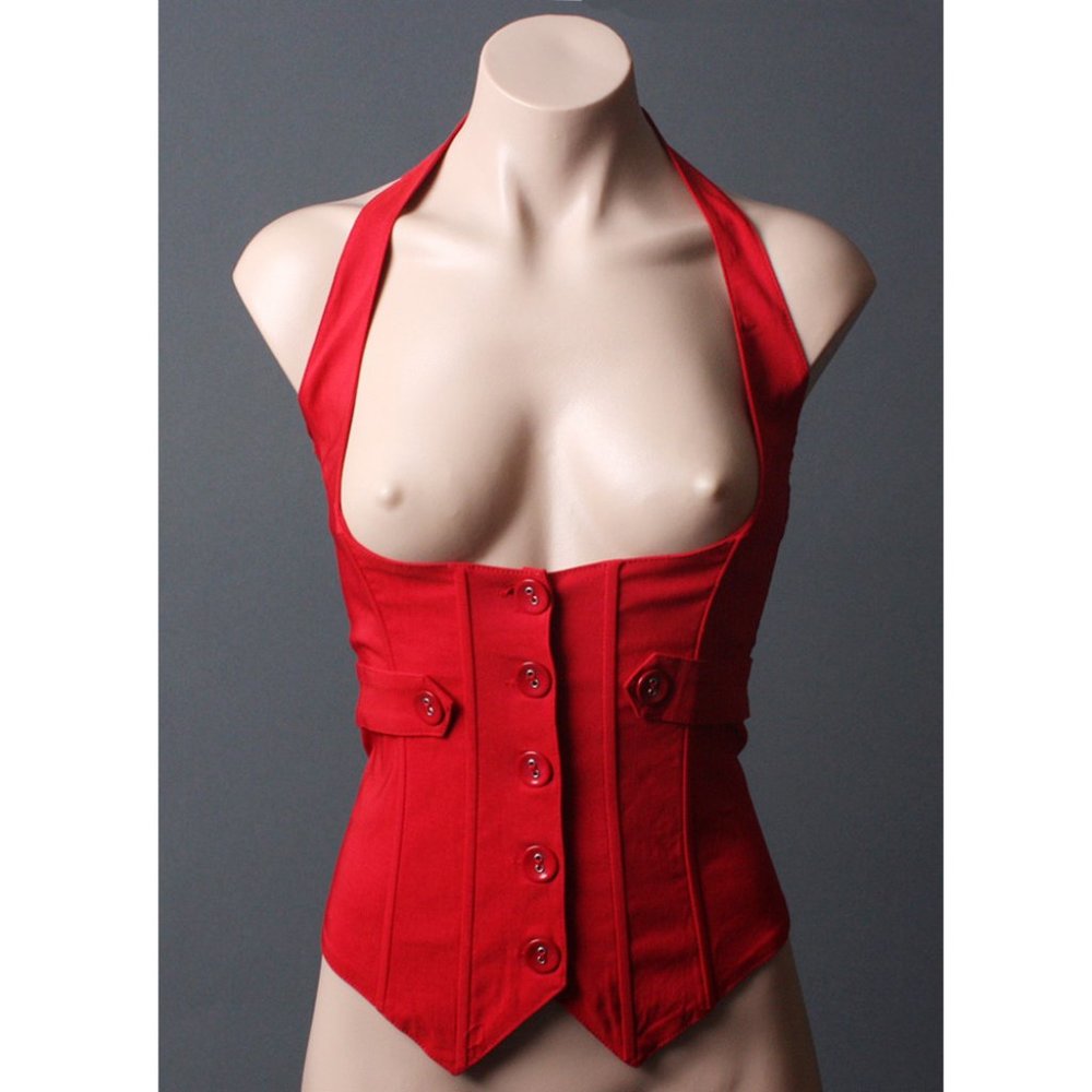Red Waistcoat Punk Goth Underbust Vest Corset Steampunk Fitted Club Halter Top S